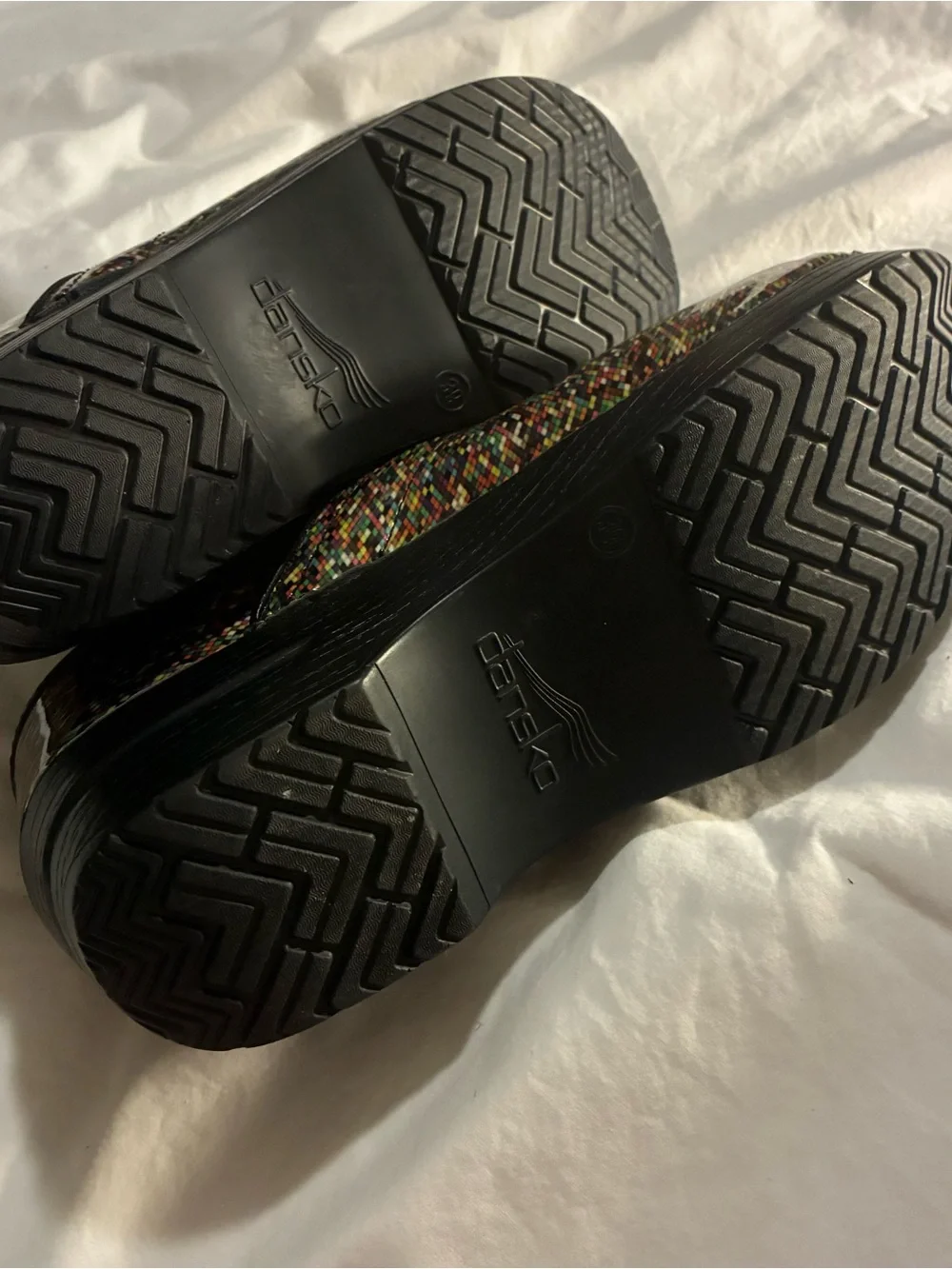 Dansko Multicolor Patent Slip-On Clogs with Rainbow Stripes - Picture 3 of 5